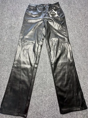 娃娃屋素食皮裤女式5/6黑色宽腿曲线高腰梅西百货 — 第 1/4 张图片