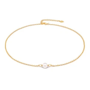 Single Cultured Pearl Choker 18K Gold Chain White Bead Necklace Layering Mini... - Picture 1 of 7