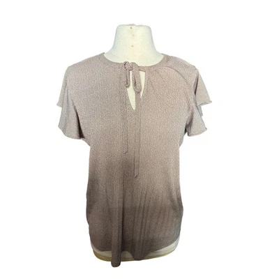 Adrianna Papell Flutter Sleeve Tie Neck Top Ditsy Dot Print Tan Medium - Image 1 of 4