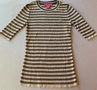 Mini Vestido Catherine Malandrino Pequeño Marrón Rayas Tejido Cuello Redondo Manga 3/4 Foto 1 de 4