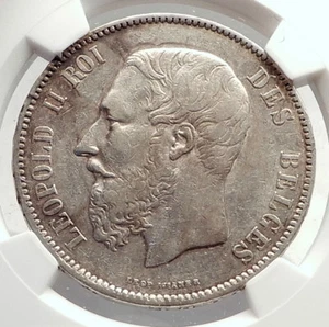 1873 BELGIUM Antique Silver 5 Francs Coin of King LEOPOLD II w LION NGC i71311 - Picture 1 of 5