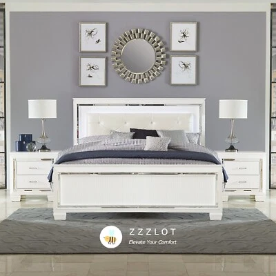 NEW Luxe LED White Queen King Bed & Optional Nightstand Modern Bedroom Set - Image 1 of 4