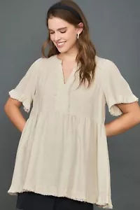 Umgee Full Size Raw Hem Notched Babydoll Linen Blouse Plus Size - Picture 1 of 11