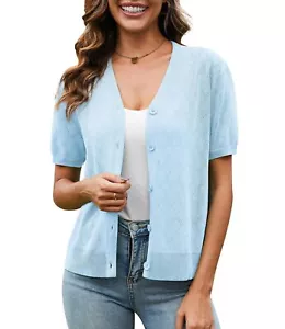 Short Sleeve Lightweight Summer Cardigan for WomenButton Down Open Front V Ne... - Picture 1 of 6