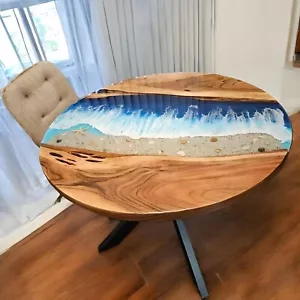 Tavolo da spiaggia epossidico rotondo - tavolo da caffè/pranzo design artistico oceano - Foto 1 di 8