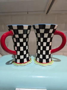 Nicole Engblom Rare Set Of 2 Long Mugs Black & White Checkered Scalloped Base - Picture 1 of 8