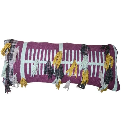 Anthropologie All Roads Lumbar Pillow 12x25” Purple Knit Tassels Metallic Thread - Image 1 of 4