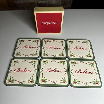 Spode Pimpernel Set Of 6 Square Believe Coasters Holly Berry Christmas Holiday - Image 1 of 4