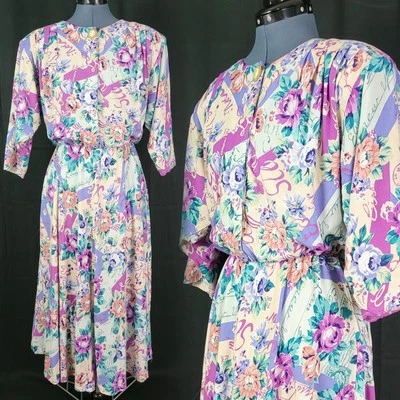 Vtg Nina Piccalino II Purple/Peach/Green Floral Blouson Dress Size 13 - Image 1 of 4
