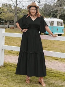 Plus Size Tassel Trim V-Neck Short Sleeve Ruffle Hem Dress - Picture 1 of 4