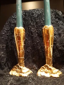 Vtg 22k Gold Crackled Finish Porcelain Bud Vases Candlestick holders, 6" high - Picture 1 of 9