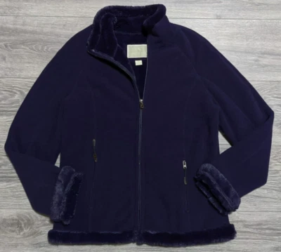 Green Tea Jacket Adult Small Purple Faux Fur Trim Zip Fleece Womens - Image 1 of 4