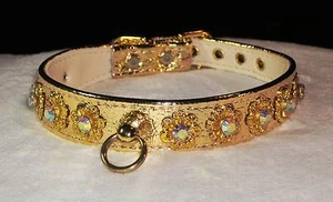 Collar de Perro Estrás Metálico Cuero Imitado Elegante Filigrana DORADO AB Joya Bling - Imagen 1 de 15