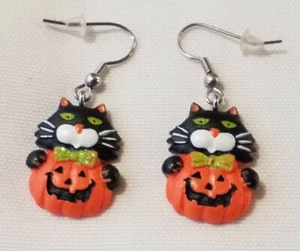 Festive Halloween Earrings Jack-O-Lantern & Black Cat Dangle/ Drop Style Orange! - Picture 1 of 9