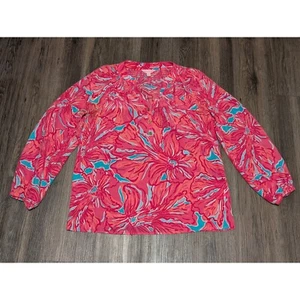 Lilly Pulitzer Floral Elsa Silk Blouse Smocked Neck Long Sleeve Pink Top Size S - Picture 1 of 4