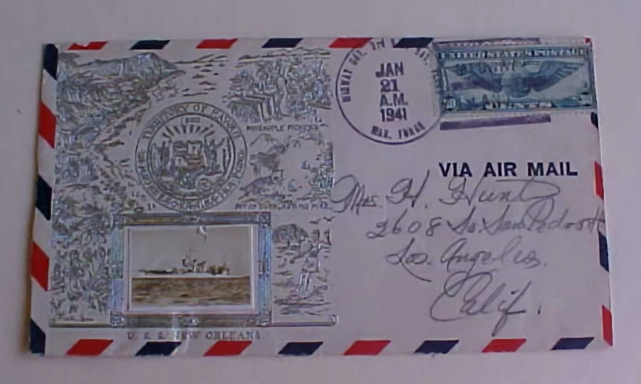 US MIDWAY ISLAND MARINE 1941 21 DE ENERO EE. UU. NUEVA ORLEANS CROSBY CACHÉT Foto 1 de 1