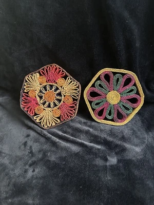2 Vintage Wicker Straw Hot Pad Pot Holder Trivet Rattan Raffia Colorful Straw - Image 1 of 4