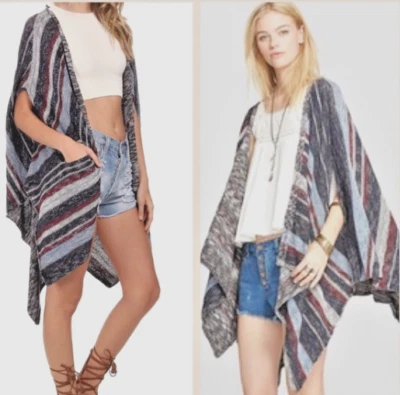 Poncho suéter cárdigan Free People talla pequeña de gran tamaño a rayas mezcla de lino Foto 1 de 4