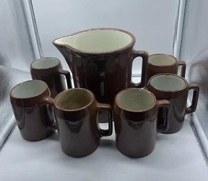Vintage Buckeye Pottery Pitcher & 6 Mugs Beer Stein Redware Brown - Picture 1 of 7