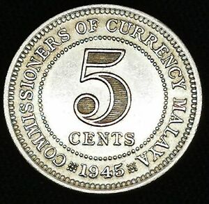 ** Malaya 1945 5 Cents 0.500 Silver coin - XF