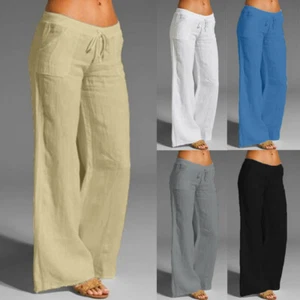 Women Cotton Linen Casual Loose Pants Wide Leg Yoga Beach Baggy Palazzo - Picture 1 of 17