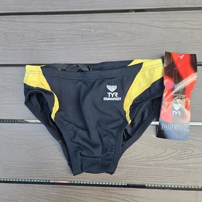 TYR Durafast Solid Splice Swimwear Boy Black/gold Racer Brief Size 24 New - Image 1 of 3
