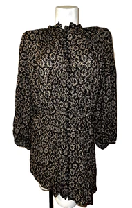 ZARA Size XS Black Brown Gold Metallic Balloon Sleeve Button Front Shirt Dress - Picture 1 of 10