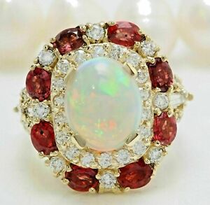 3Ct Oval Cut Fire Opal Halo Ruby Lab Created Women's Ring 14K Yellow Gold Finish