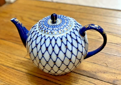 Russian-Style Gold Cobalt Net Teapot 7.25" Home Essentials & Beyond China Made - Image 1 of 4