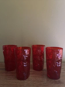 4 Vintage MCM Seneca Water Glass Crinkle Red Seneca Driftwood Ice Tumblers 5” - Picture 1 of 10