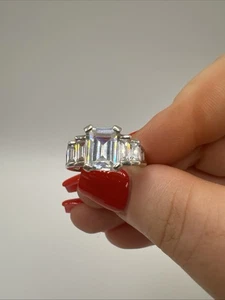 Sterling Silver Emerald Cut CZ Ring Size P UK – Diamond Look Trilogy Style Gift - Picture 1 of 6