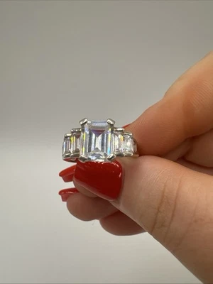Sterling Silver Emerald Cut CZ Ring Size P UK – Diamond Look Trilogy Style Gift - Image 1 of 4
