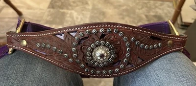 Nylon Show Halter Hand Tooled Leather W/ Deco Nose Band Concho Studs Purple - Image 1 of 4