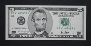 2001 $5 Chicago Federal Reserve Note/F-1988G/uncirculated/error - Picture 1 of 8
