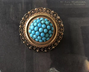 Antique Etruscan Revival 15Ct Yellow Gold Turquoise Ball Brooch/Pin - Picture 1 of 8
