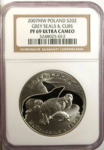 Poland 20 Zlotych 2007 MW NGC PF 69 Ultra Cameo UNC Silver Grey Seal & Cubs - Picture 1 of 4