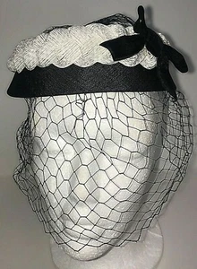Vintage Original women's Hat Black White Straw Netting Velvet Bow One Size Retro - Picture 1 of 5