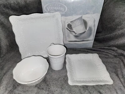 Maison Versailles Blanc Elisabeth 4 Pc Set Dinner Plates Bowl Mug Square White A - Image 1 of 4