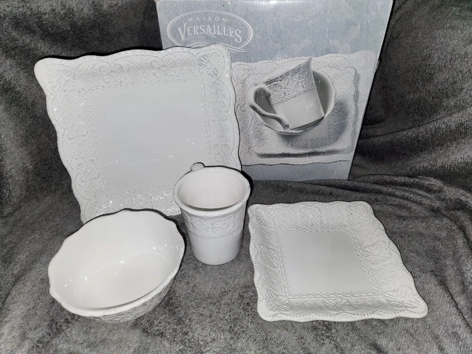 Maison Versailles Blanc Elisabeth 4 Pc Set Dinner Plates Bowl Mug Square White A - Image 1 of 4