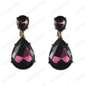 CLIP ON 4cm BIG CRYSTAL DROPS EARRINGS dark purple SPARKLY gold plated GLASS - Picture 1 of 12