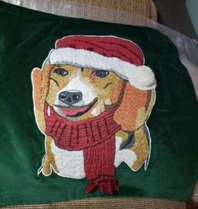 Frontgate Christmas Pillow Cover w Dachshund - Velveteen- Green - 20 In Square - Picture 1 of 9