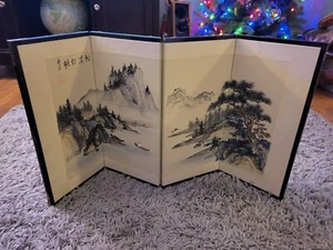 Vintage Asian 4 Panel Folding Silk Screen Print Divider 32"x 17" - Picture 1 of 20
