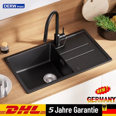 Granitspüle Küchenspüle Einbauspüle Spülbecken mit Abtropffläche 78x45cm Schwarz - Bild 1 von 4