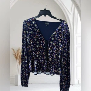 Topshop Velvet Floral Printed Cottagecore hook and eyelet top size 6 boho chic - Picture 1 of 8