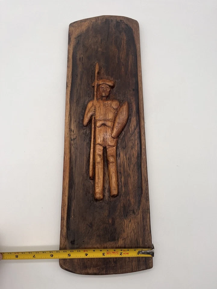 Vintage Hand Carved Wooden Plaque Warrior Figure Wall Decor Rustic Art - Image 1 of 4