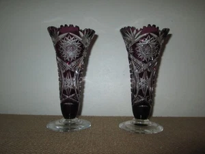 Pair of 2 Cut to Clear Purple Amethyst Crystal Vase 6.5" Stars Ruffled Cut Edge - Picture 1 of 4