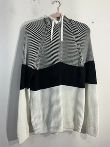 Mens Inc Pullover Sweater Medium Black White Stripe Hood Long Sleeve Knit - Picture 1 of 9
