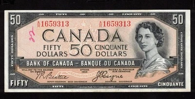 1954 Canada $50 devils face banknote Beattie Coyne A/H 1659313 Choice EF - Изображение 1 из 2