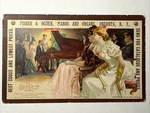 1893 ONEONTA NY Fisher & Ogden Pianos and Organs Victorian Trade Card Baby Grand - Picture 1 of 7