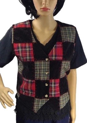 Chaleco de mujer vintage Citi-Craze talla S retazos franela terciopelo cuadros botones corbatas Foto 1 de 4